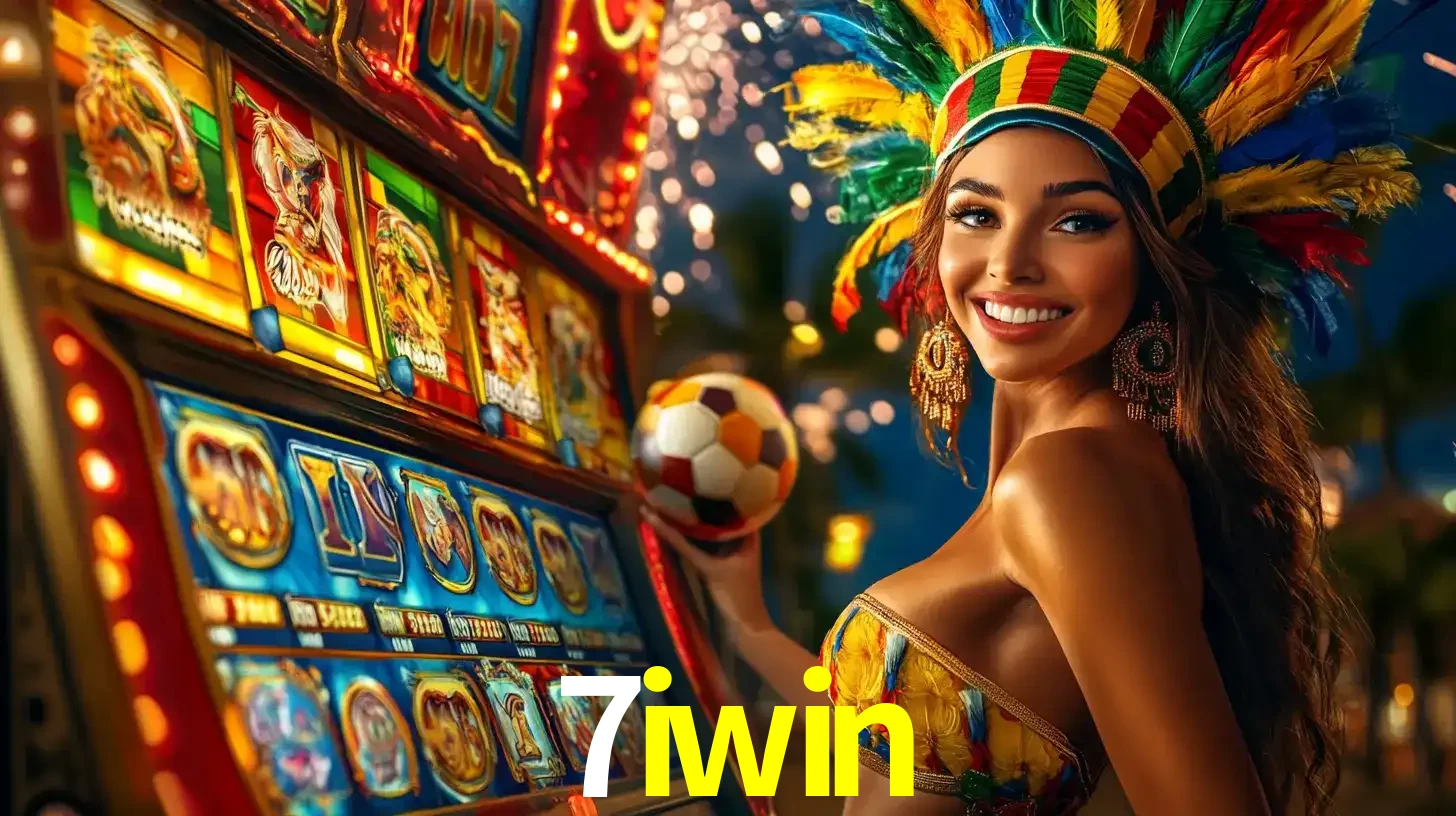 Mulher com um cocar de carnaval ao lado de uma máquina de caça-níqueis enquanto segura uma bola de futebol, mostrando a união da diversão de cassino e esportes no 7iwin.