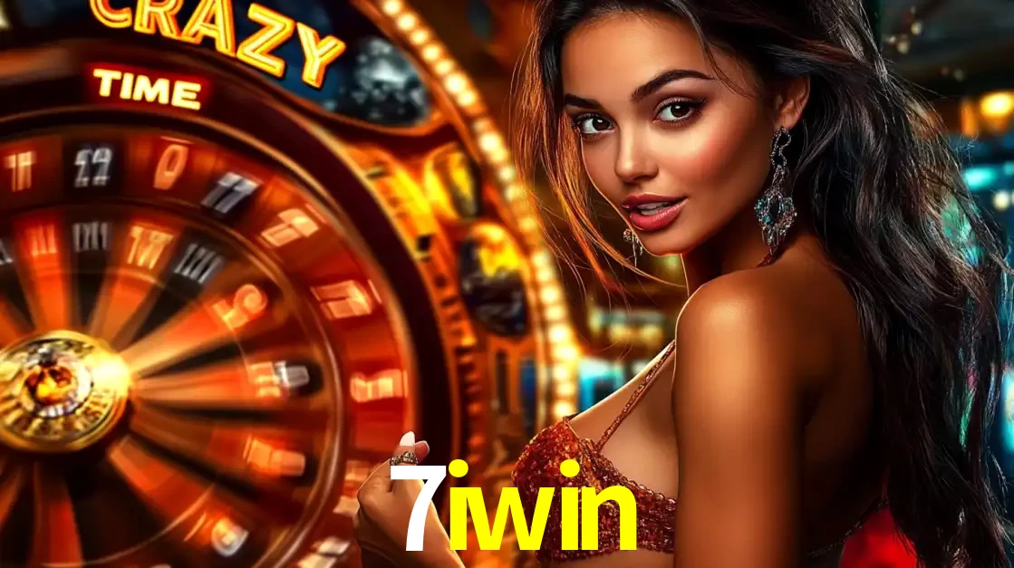 Mulher ao lado da roda de prêmios do jogo de cassino ao vivo Crazy Time, um dos shows de jogos mais emocionantes oferecidos pela plataforma de apostas 7iwin.