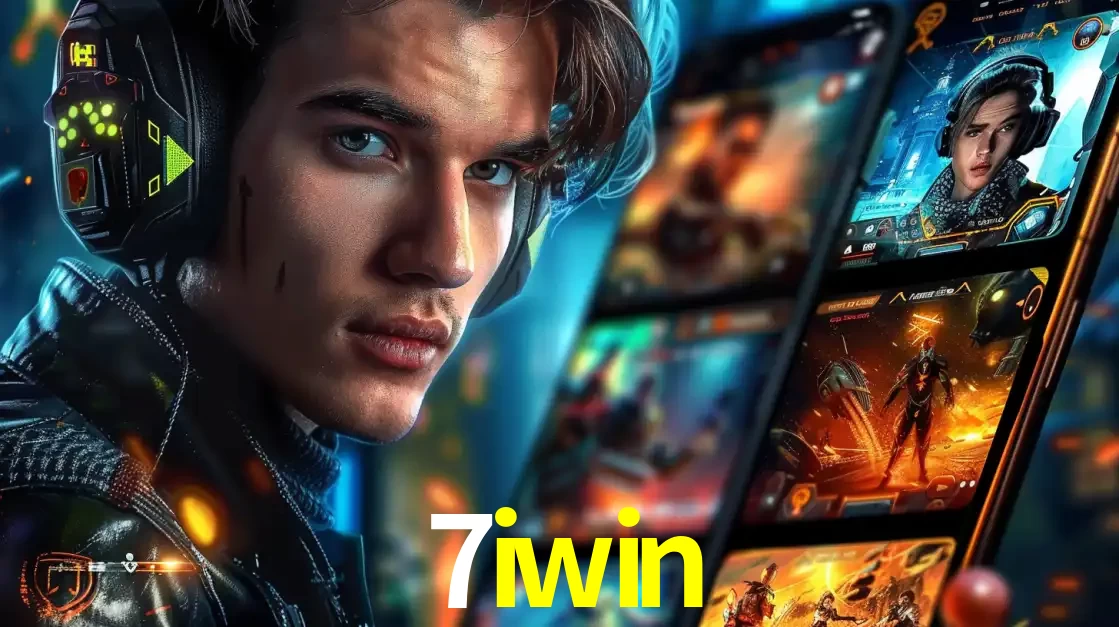 Jovem jogador com fones de ouvido olhando para a câmera, com um aplicativo de jogos e e-sports para celular ao fundo, pronto para a competição e apostas no 7iwin.