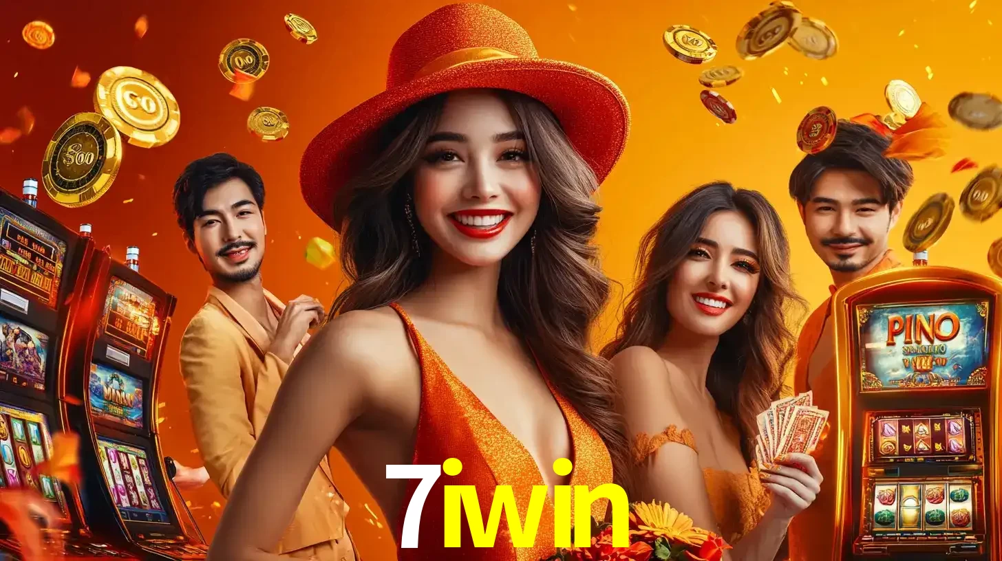 Grupo de amigos asiáticos sorrindo e se divertindo com máquinas de caça-níqueis em um ambiente festivo, celebrando suas vitórias nos jogos de cassino do 7iwin.