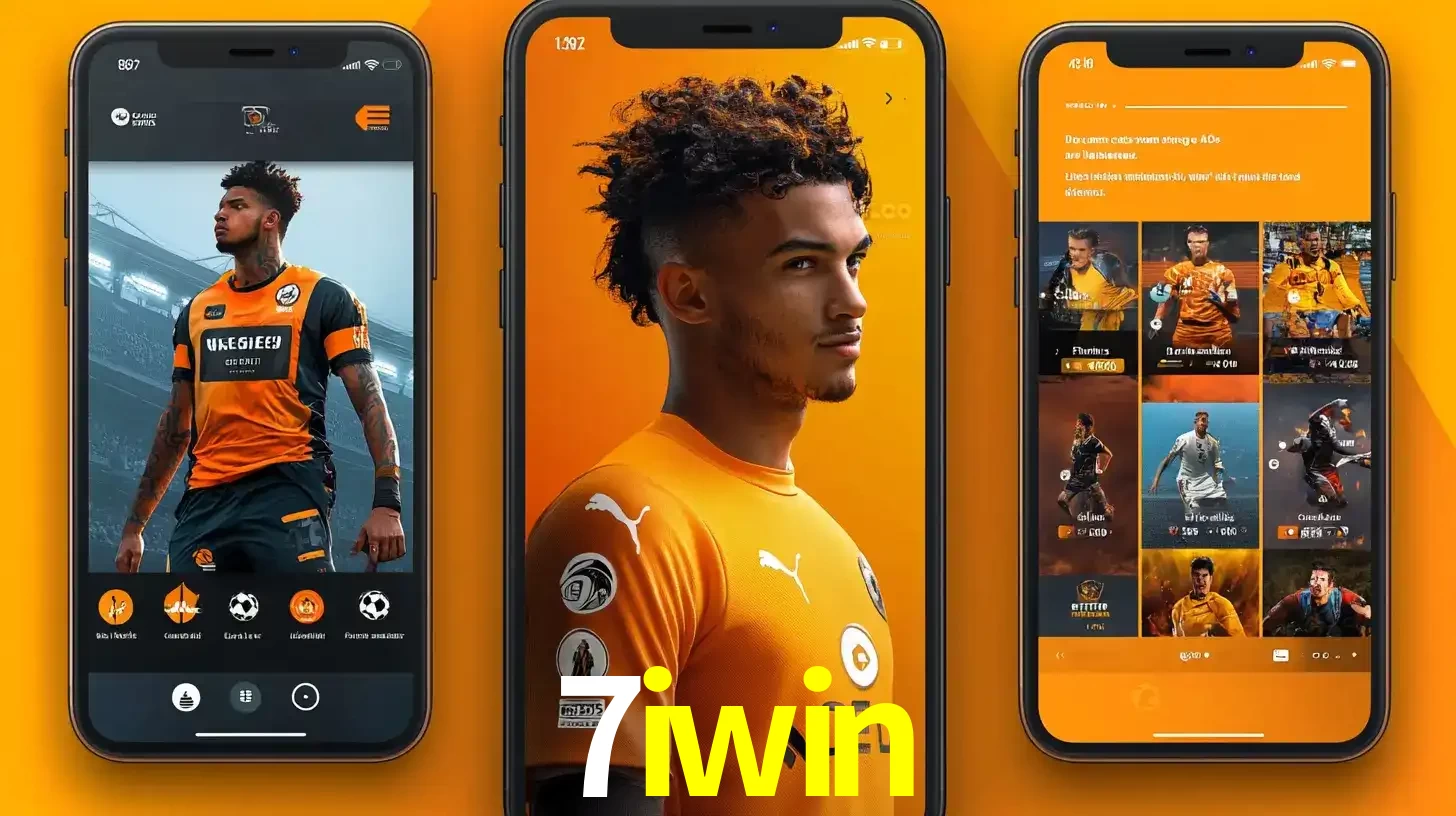 Interface do aplicativo de apostas esportivas 7iwin em três telas de celular, mostrando o perfil de um jogador de futebol e a lista de jogos disponíveis para apostar.