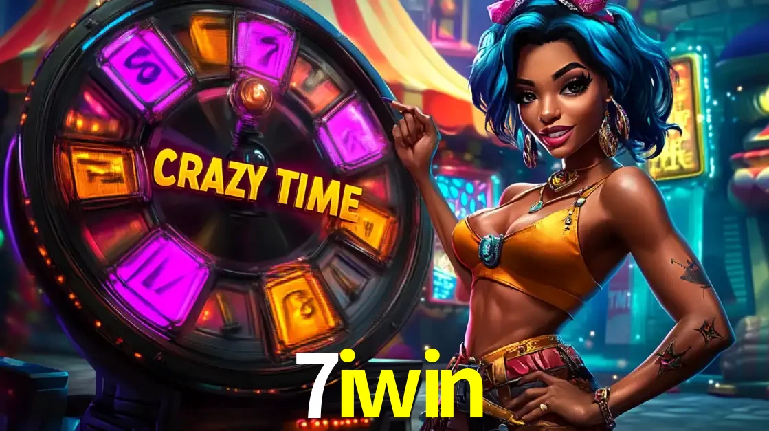 Mulher estilizada com cabelo azul e visual vibrante posando ao lado da roda de prêmios do game show Crazy Time, convidando para a diversão e os bônus do cassino 7iwin.