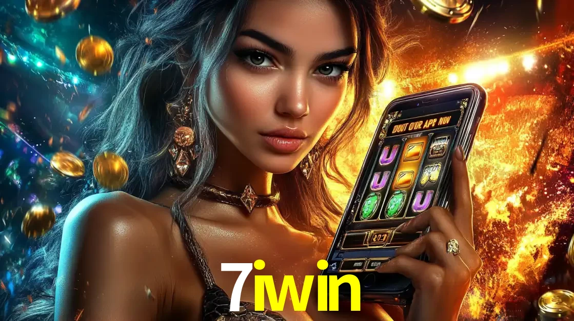 Mulher elegante mostrando um jogo de caça-níqueis em seu smartphone, destacando a experiência de cassino móvel oferecida pelo aplicativo 7iwin.