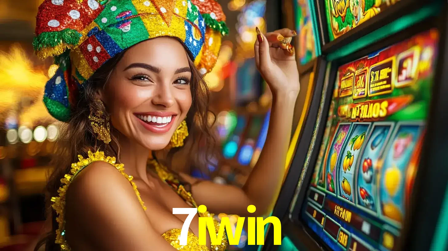 Mulher feliz com traje de carnaval amarelo e colorido ao lado de uma máquina de caça-níqueis, aproveitando a diversão e os jogos temáticos do cassino 7iwin.