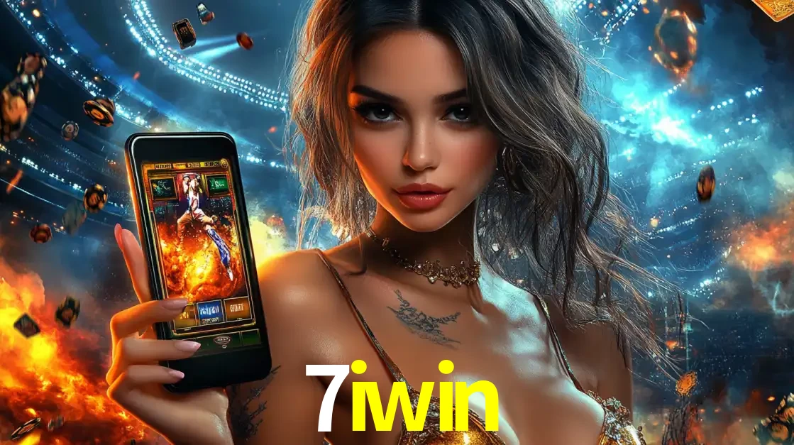 Mulher segurando um celular com um jogo de slot em destaque, tendo como fundo um estádio vibrante, simbolizando a emoção de jogar no cassino móvel 7iwin.